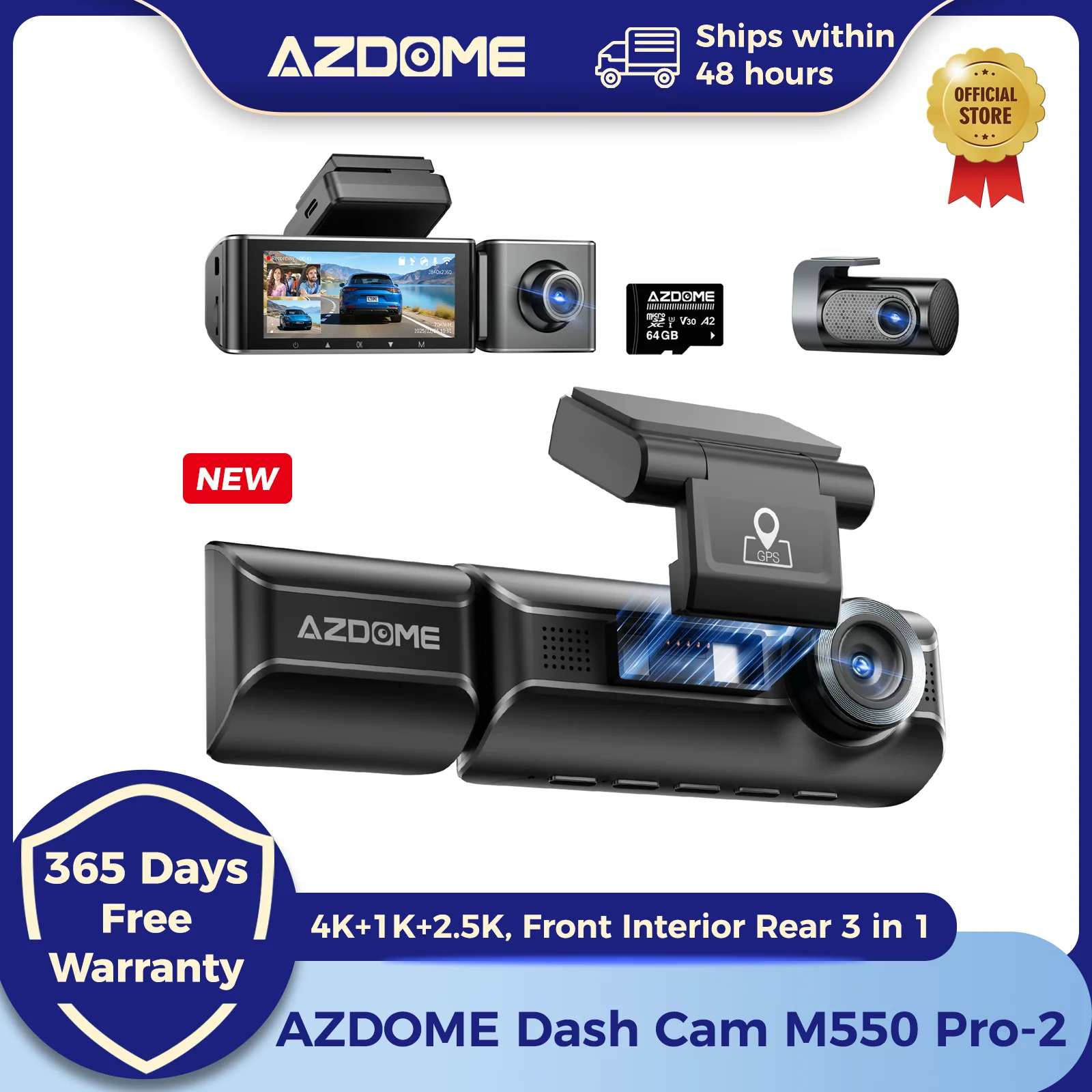 뉴 AZDOME 4K M550 프로 블랙박스 전후방 실내 3 in 1 차량용 카메라 24시간 주차 모니터링 슈퍼커패시터 5G 와이파이 GPS ADAS 차량용 DVR