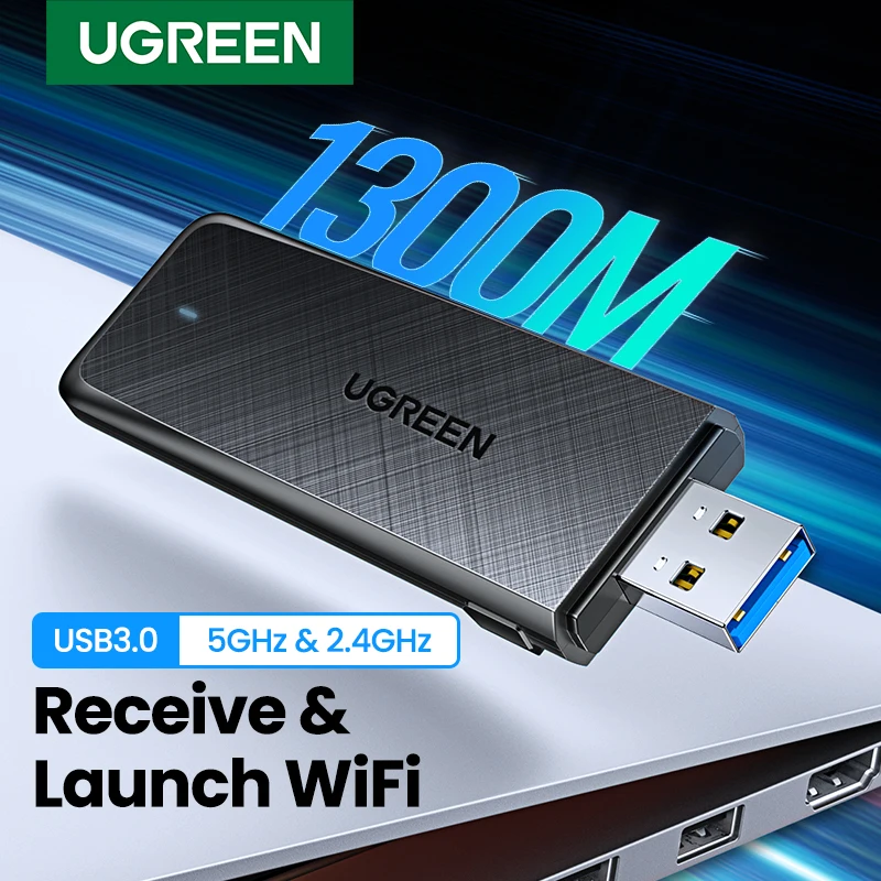 UGREEN AC1300 USB WiFi 어댑터 데스크탑 PC 용 5G 및 2.4G 듀얼 밴드 USB3.0 WiFi 동글 Windows USB 이더넷 무선 네트워크 카드