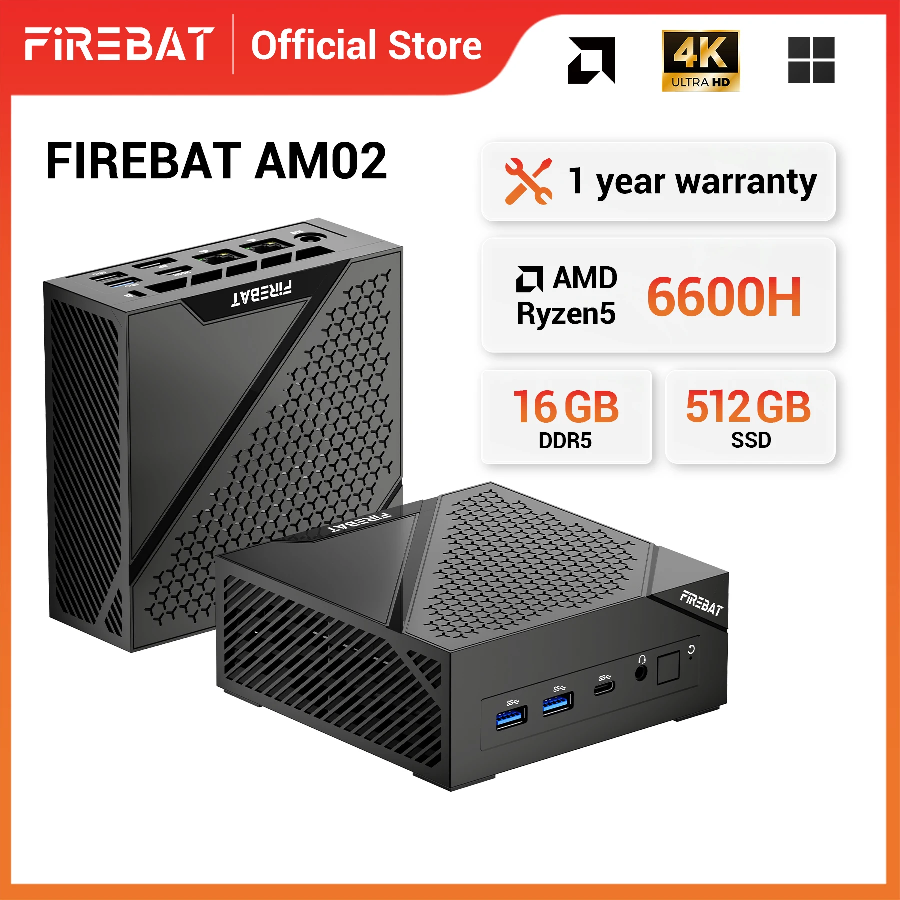 FIREBAT AM02 미니 PC AMD Ryzen 5 6600H LPDDR5 16GB 6400MHz RAM 512GB SSD WIFI6 BT5.2 휴대용 데스크탑 미니-PC 컴퓨터