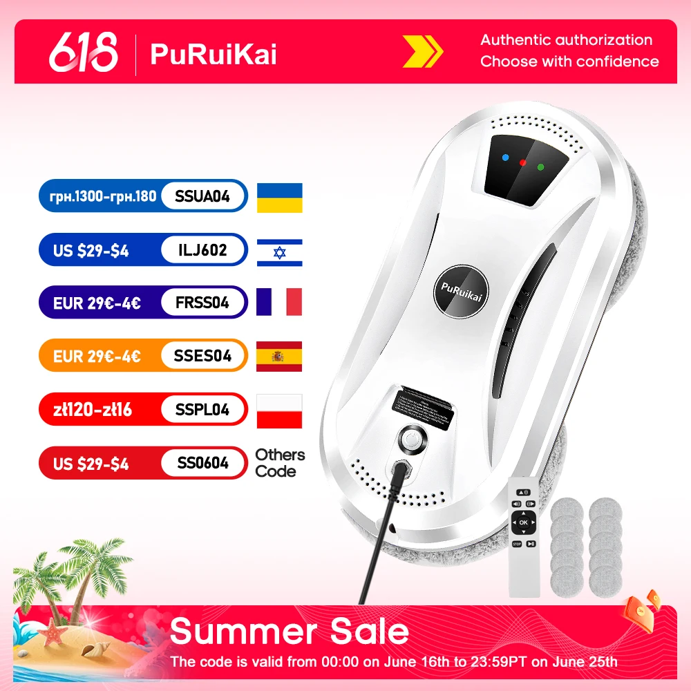 PuRuiKai 가정용 초박형 로봇 진공 청소기, 창 청소 로봇 창 청소기, 전기 유리 리모컨