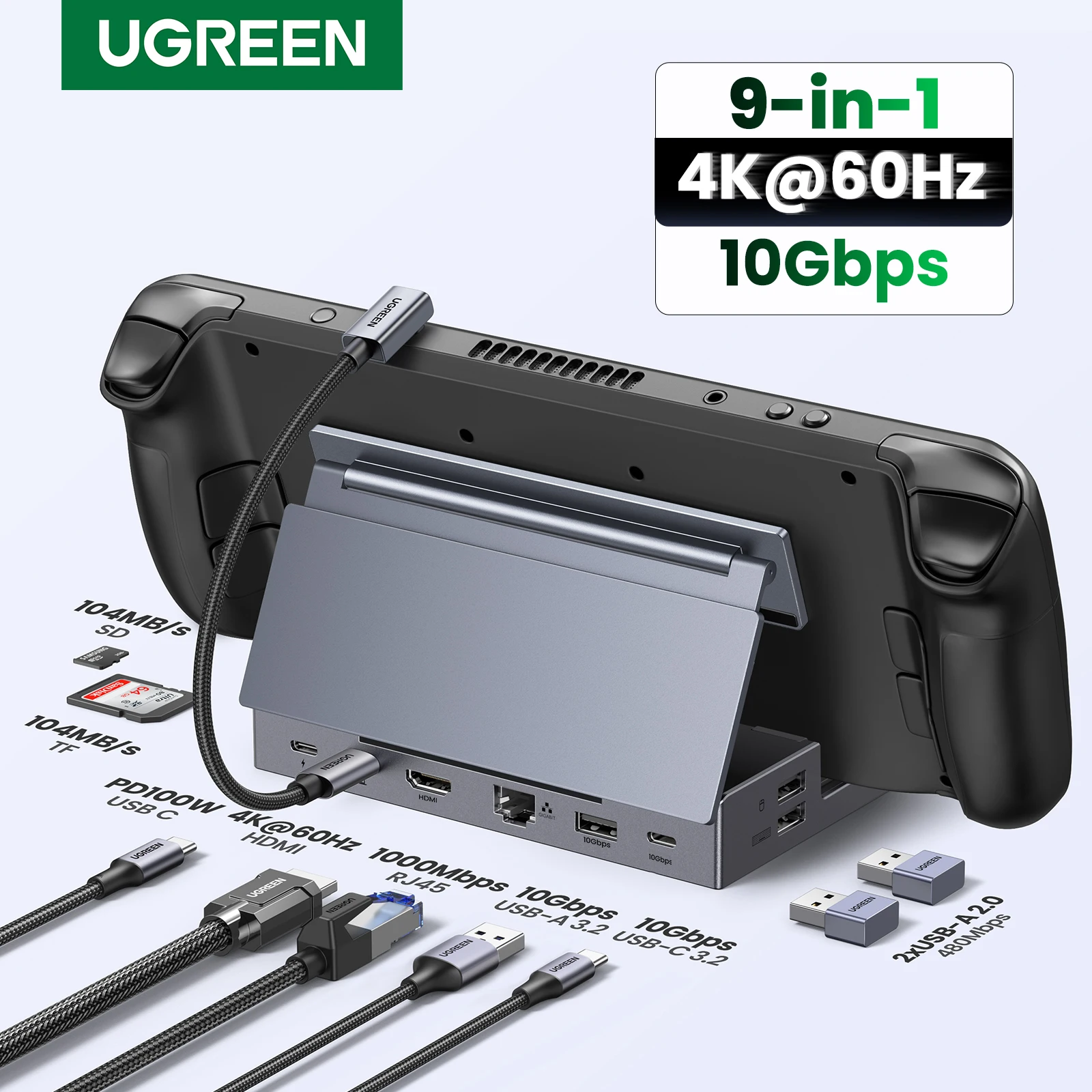 UGREEN 스팀 데크 도크, RJ45, PD100W, USB C 허브, 스팀 데크, ROG 앨리 리전 고, 아이폰 15 프로, 프로 맥스와 호환, 4K60Hz, 9 포트