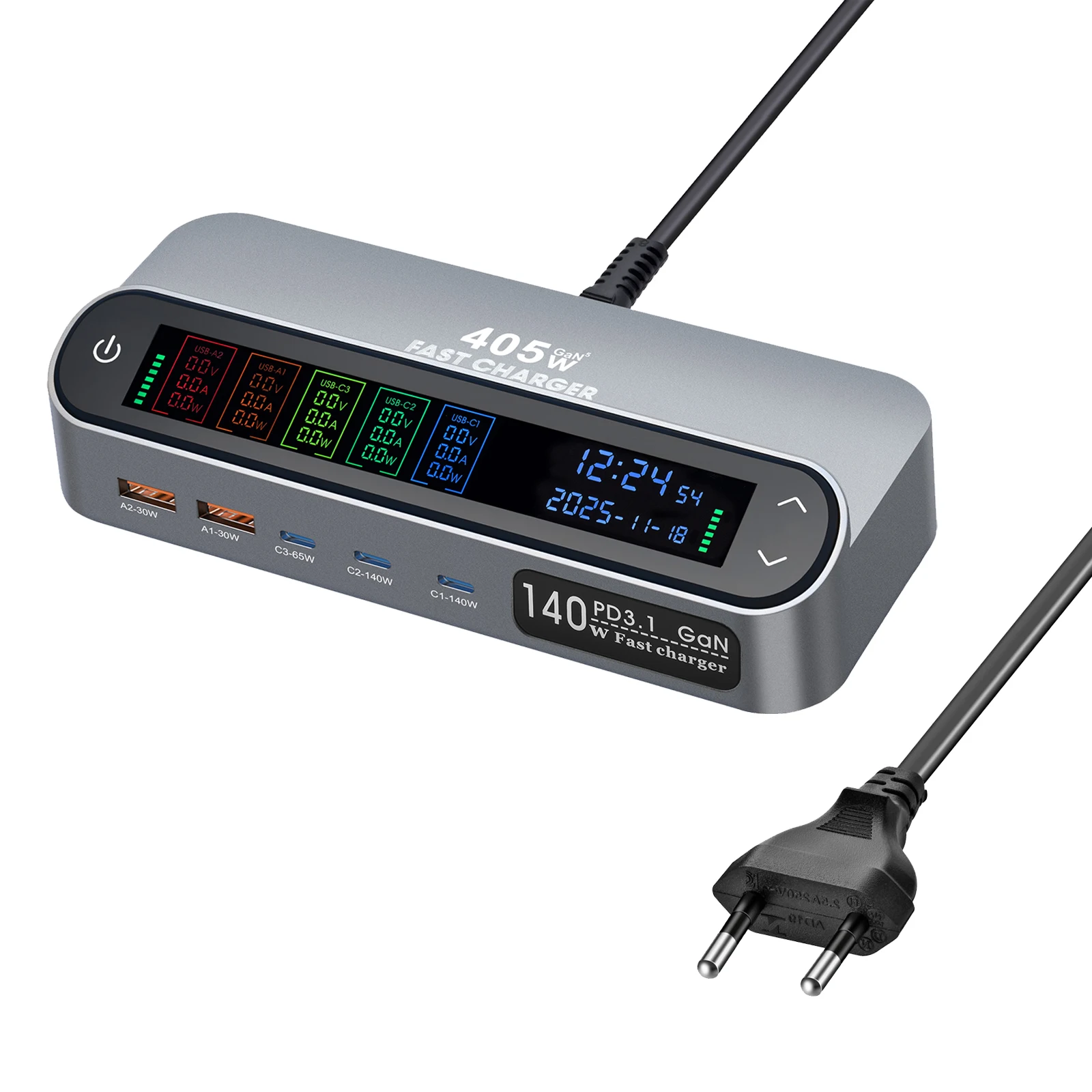 470W/405W LCD 디스플레이 화면 GAN 데스크탑 충전기 멀티 포트 충전기 140W 타입 C 고속 충전 65W 확장 가능 충전 케이블 포함