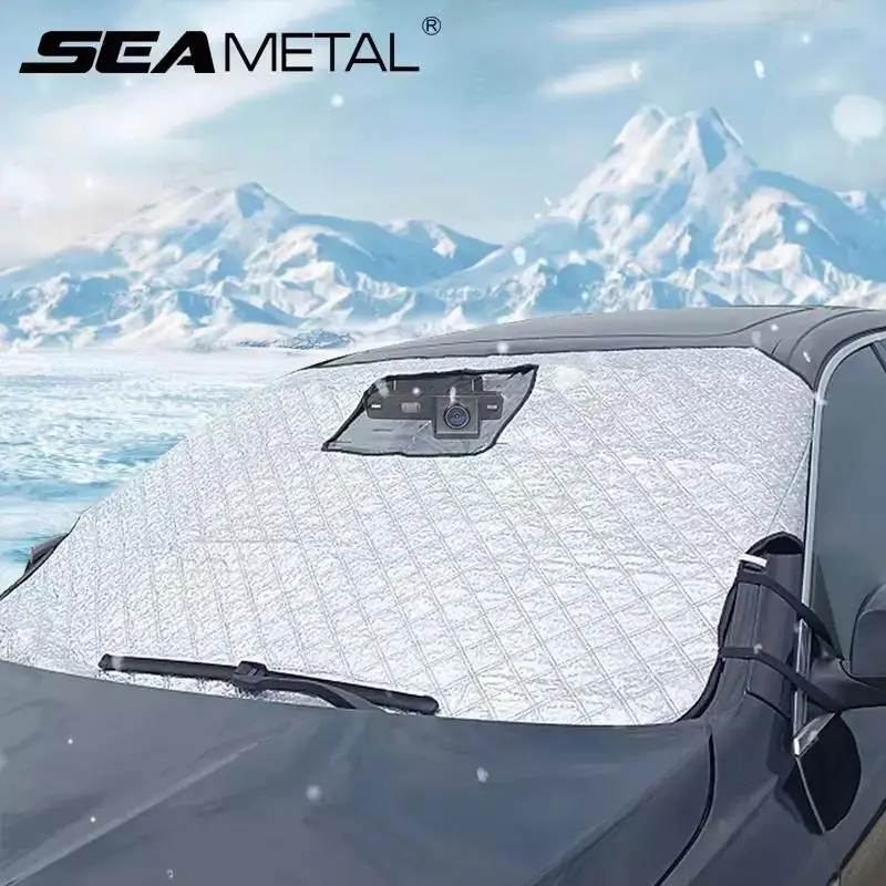 SEAMETAL 겨울 자동차 스노우 쉴드 범용 앞 유리 스노우 커버 방풍 스트랩이있는 차양 보호 커버 도난 방지 디자인