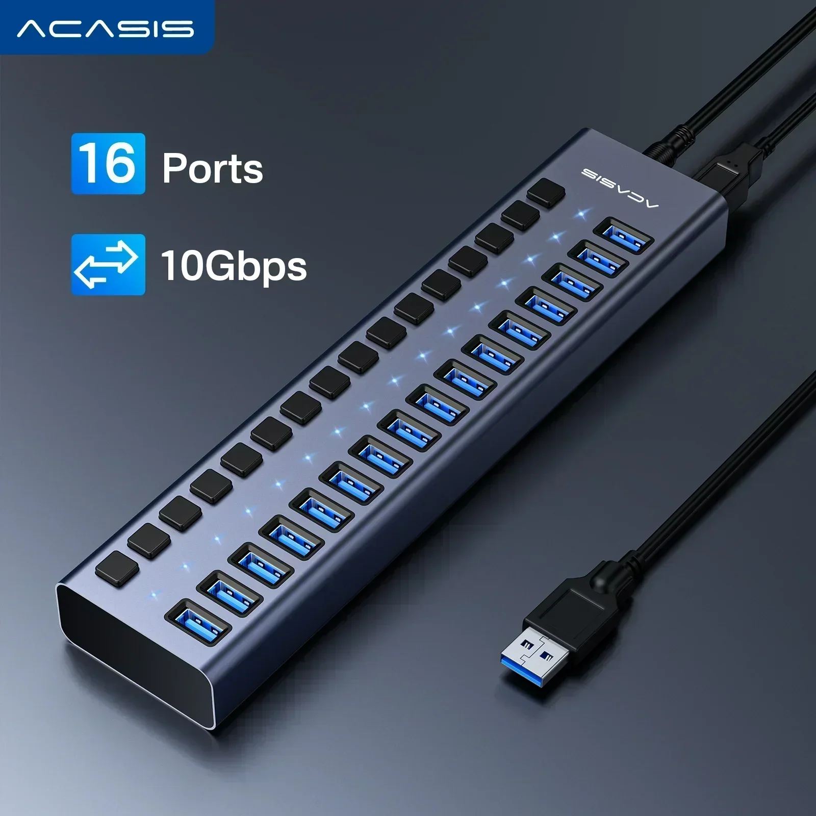 Acasis USB 3.1 허브 16/10/7 포트 분배기 데이터 전송 충전 개별 스위치 표시등 키보드 마우스 프린터용