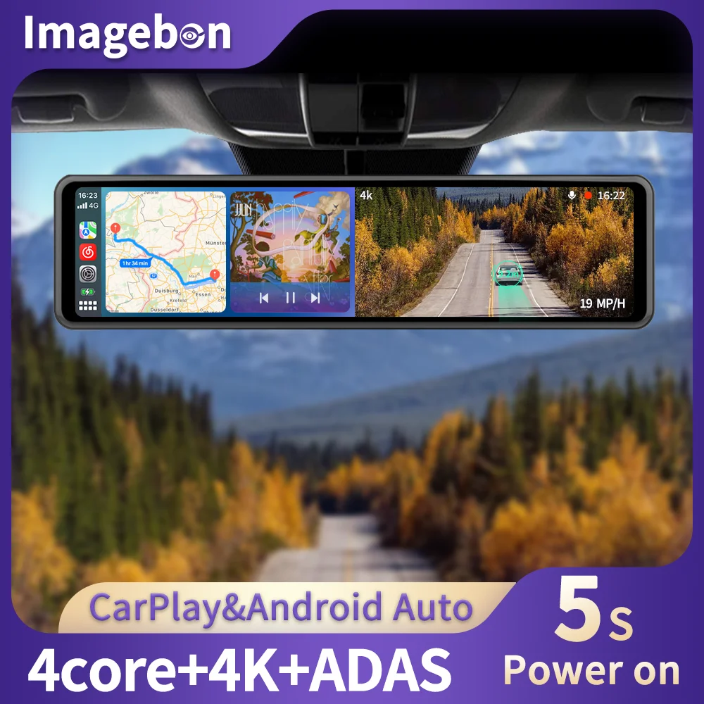 Imagebon ADAS 대시 캠 무선 카플레이 및 안드로이드 자동 5G 와이파이 백미러, 자동차 DVR, GPS, FM, 블루투스, 야간 투시경, 12 인치, 4K
