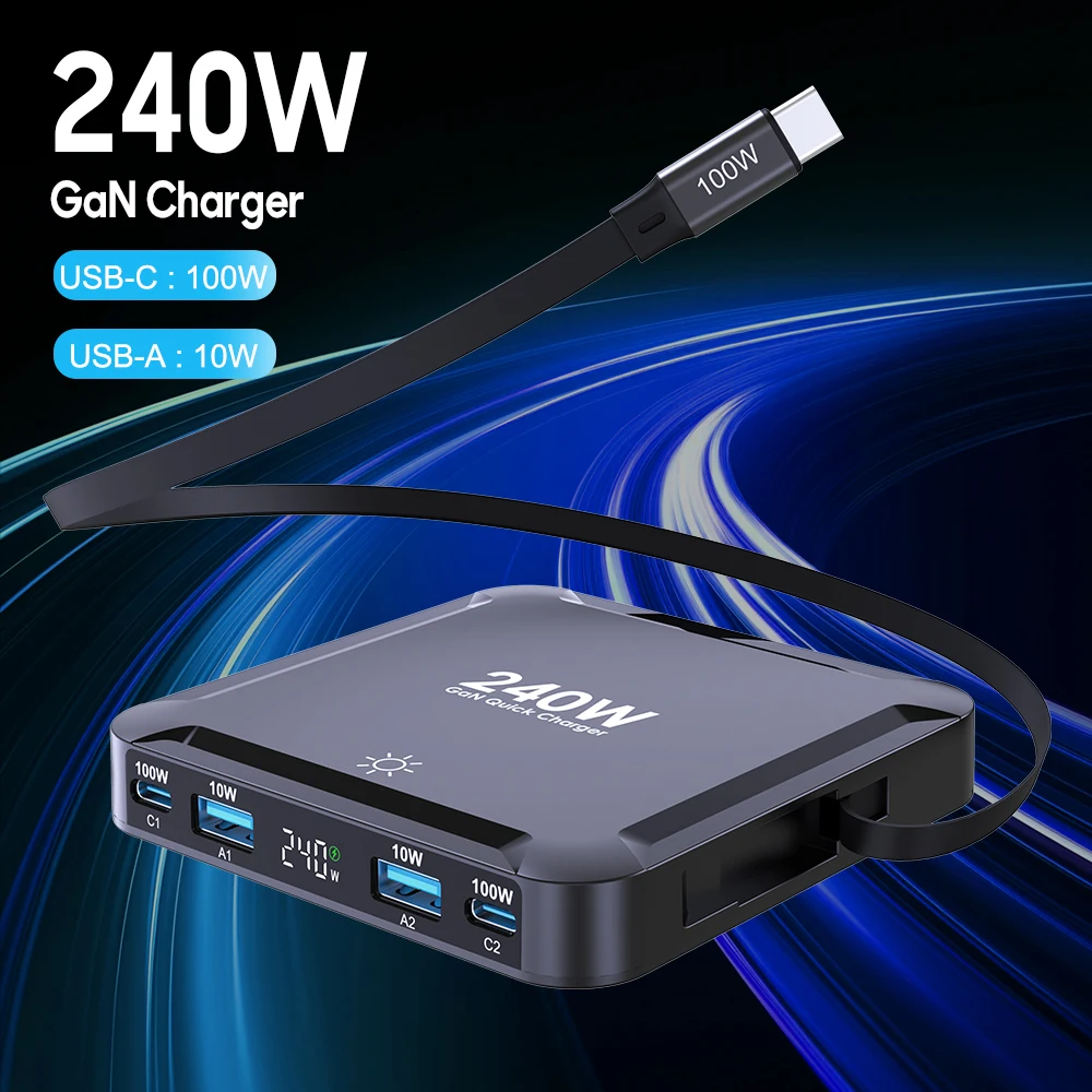 240W 데스크탑 충전기 디지털 디스플레이 GaN 고속 충전기 100W 리트랙터블 케이블 USB C 폰 충전기 아이폰 17 삼성 맥북용