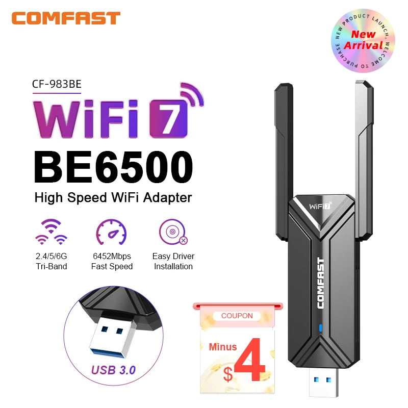 COMFAST WiFi 7 USB 어댑터 BE6500 2.4G 및 5.8G 및 6GHz 트라이 밴드 무선 네트워크 카드 Win10/11 용 6500Mbps 프리 드라이브 WiFi7 Adaptador