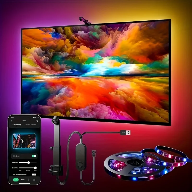 EISSLOLY 스마트 AR 컬러 범위 센서 앱 제어 RGBIC LED 조명 스트립 (TV 백라이트, 게임 및 거실 분위기 장식용)