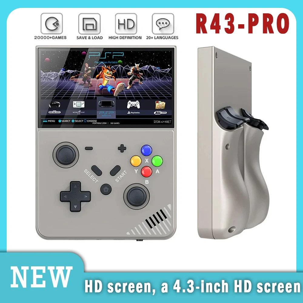 R43 Pro 레트로 핸드헬드 비디오 게임 콘솔 HD 4.3인치 LED 스크린 PSP PS1 25개 시뮬레이터 내장 64GB 20000 게임