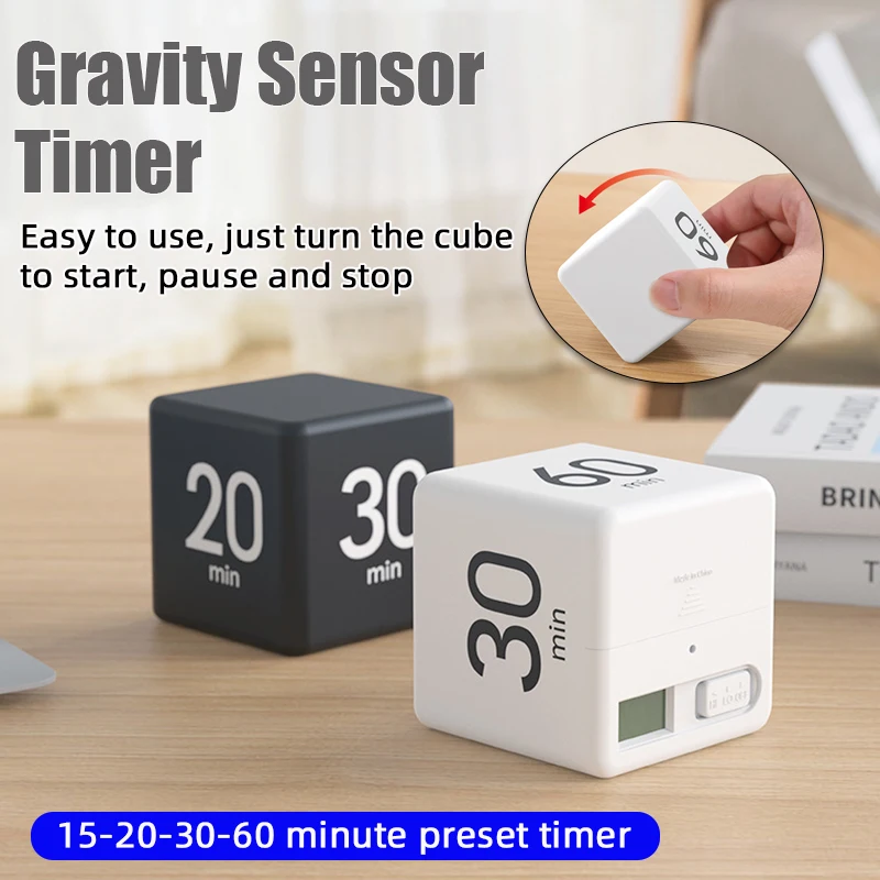 생산성 큐브 타이머 중력 센서 플립 타이머 15-20-30-60분 프리셋 타이머 카운트다운 요리 공부 미니 디지털 타이머