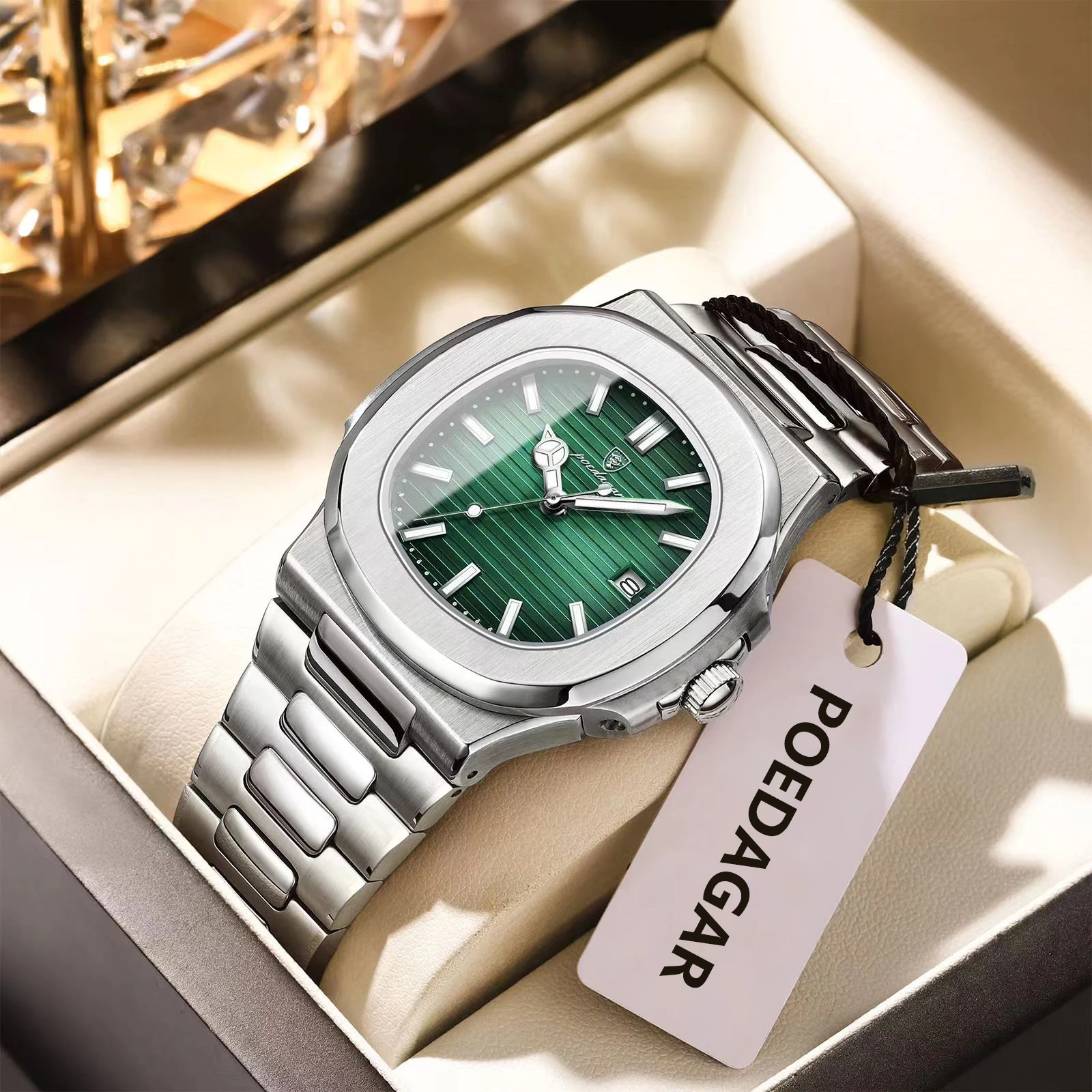 포에다가 스퀘어 트렌디 남성 손목시계 야광 방수 스테인리스 스틸 시계 남성용 날짜 쿼츠 비즈니스 남성 시계 렐로즈