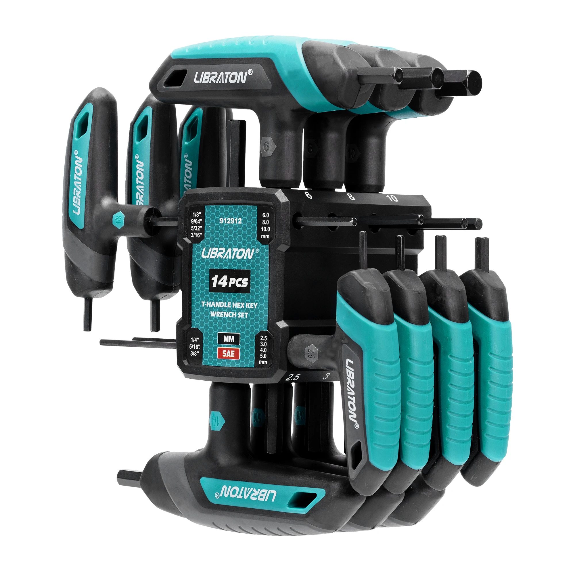 LIBRATON 14PCS 미터법 및 SAE T 핸들 육각 키, T-핸들 알렌 렌치 세트, 자동 자전거 수리 도구, 보관 랙 포함, 2팁 디자인