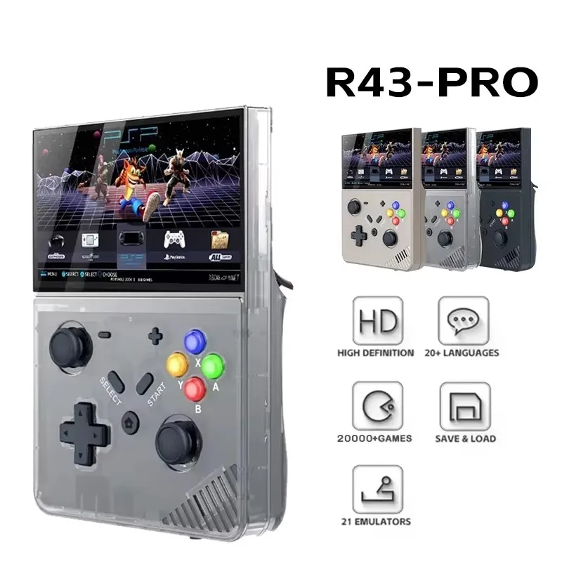 R43 M18 Pro 레트로 핸드 헬드 비디오 게임 콘솔 HD 4.3 인치 LED 스크린 기존 3D 홈 4K 대형 PSP PS1 25 개의 시뮬레이터 내장
