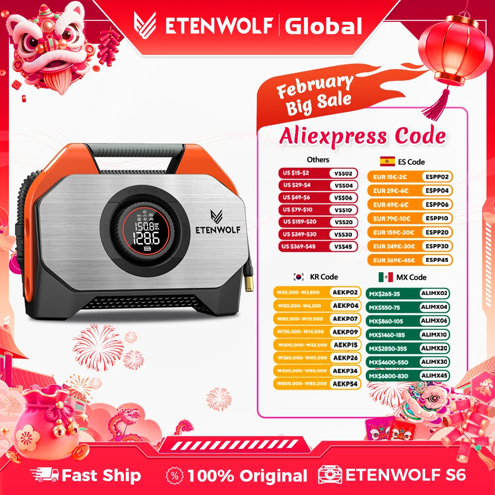 ETENWOLF VORTEX S6 휴대용 공기 압축기 100% 듀티 사이클 및 듀얼 실린더 19200 mAh 자동차 타이어 팽창기 공기 펌프 P600 풍선 펌프