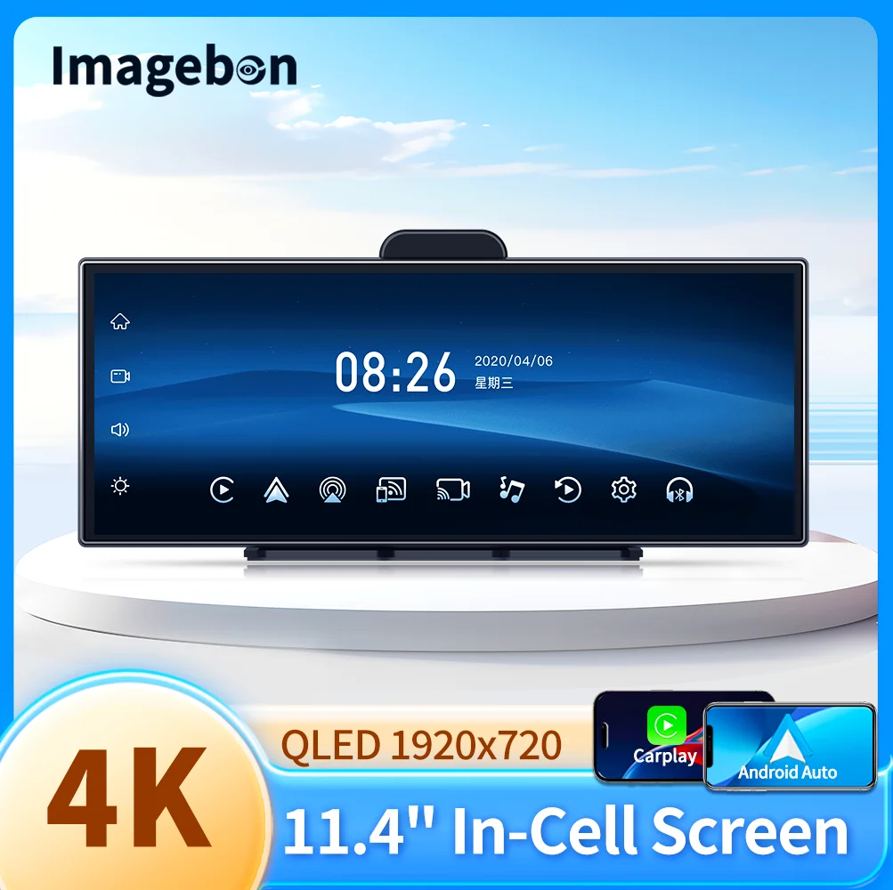 Imagebon H70 Pro, 11.4 인치, 4K QLED 차량용 DVR 무선 카플레이 및 안드로이드 자동 ADAS 대시 캠, 와이파이 AUX GPS 네비게이션, 루프 녹화