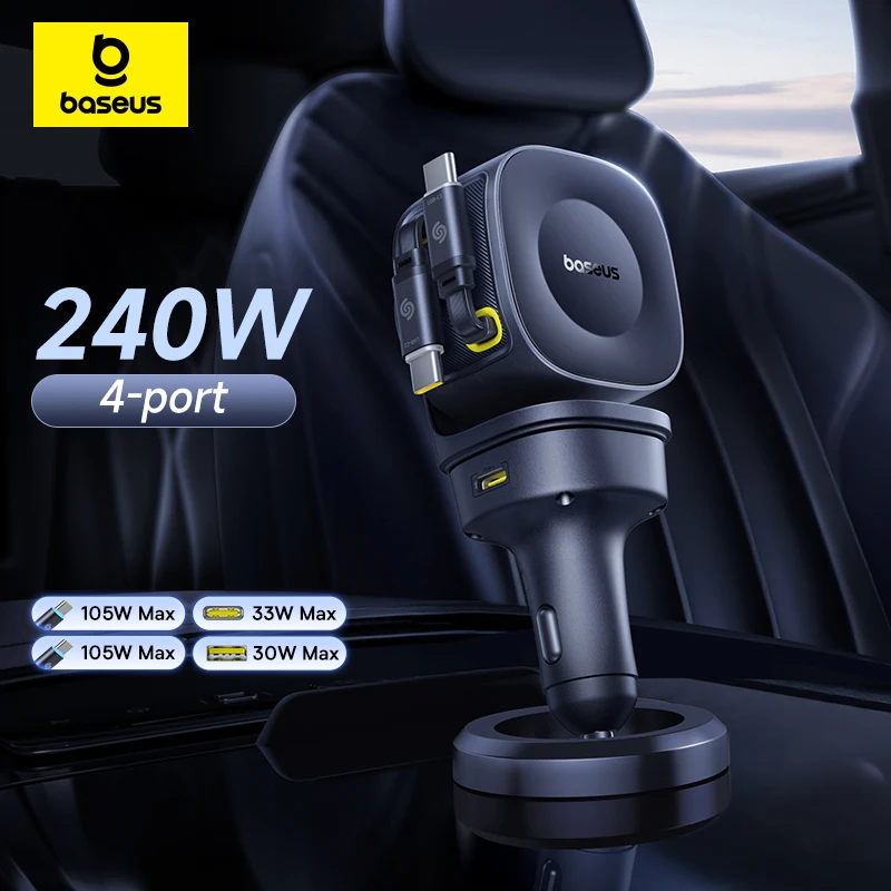 베이스어스 240W 차량용 충전기 4포트 내장형 접이식 케이블 고속 충전 USB 타입-C 차량용 핸드폰 충전기 (삼성, 아이폰, 샤오미용)
