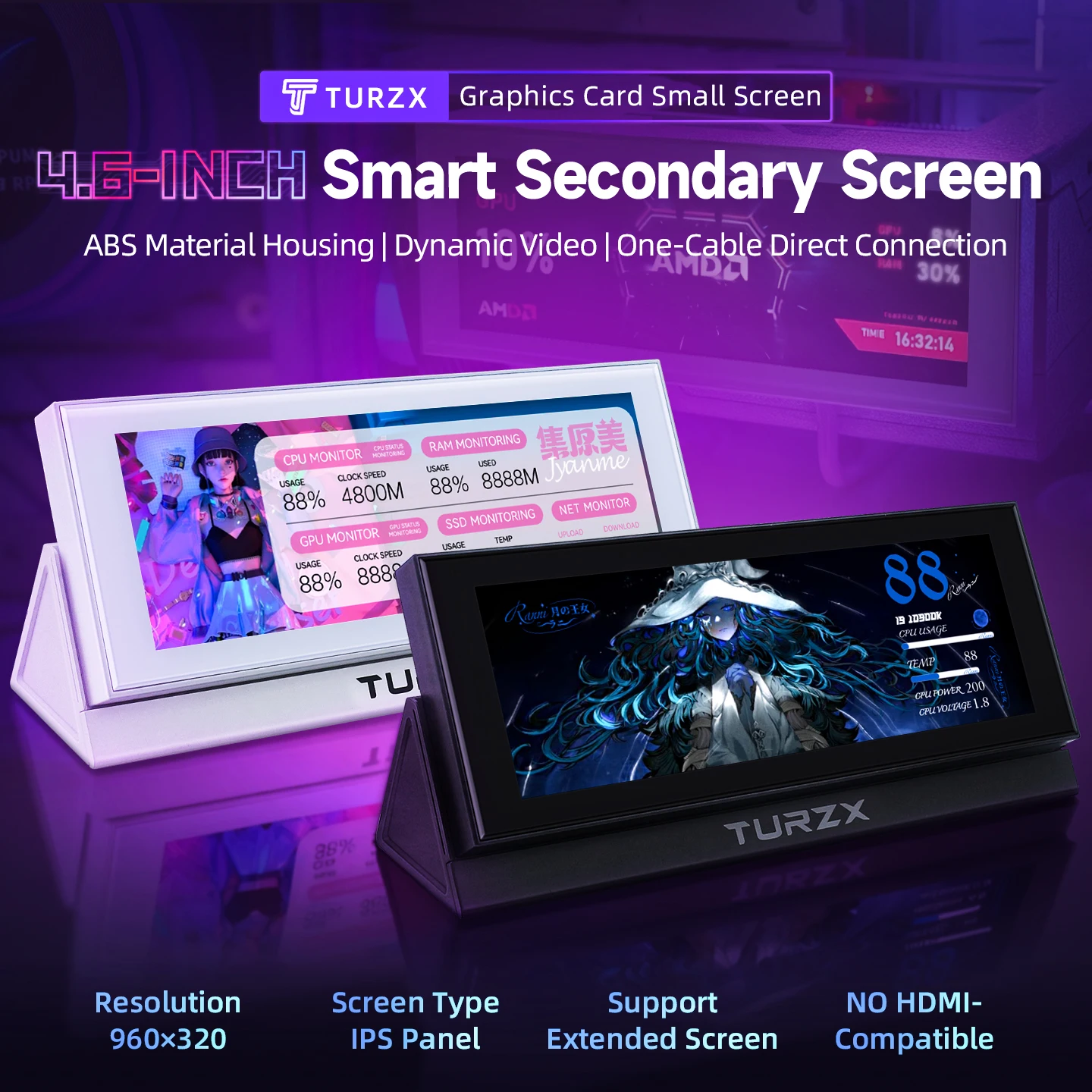 TURZX 신형 4.6인치 IPS 보조 화면 CPU GPU RAM 컴퓨터 모니터 960x320 윈도우 10 11용 확장 화면